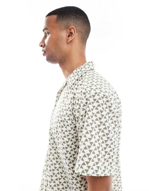 ONLY & SONS short sleeve resort shirt in white with green triangle print, 4 of 5
