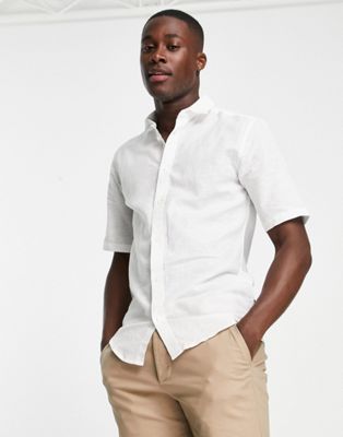 Only & Sons Short Sleeve Shirt In Linen Mix In Beige-green In White