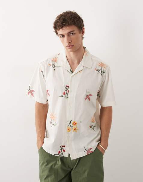 ONLY & SONS short sleeve shirt in white with floral embroidery - view 1