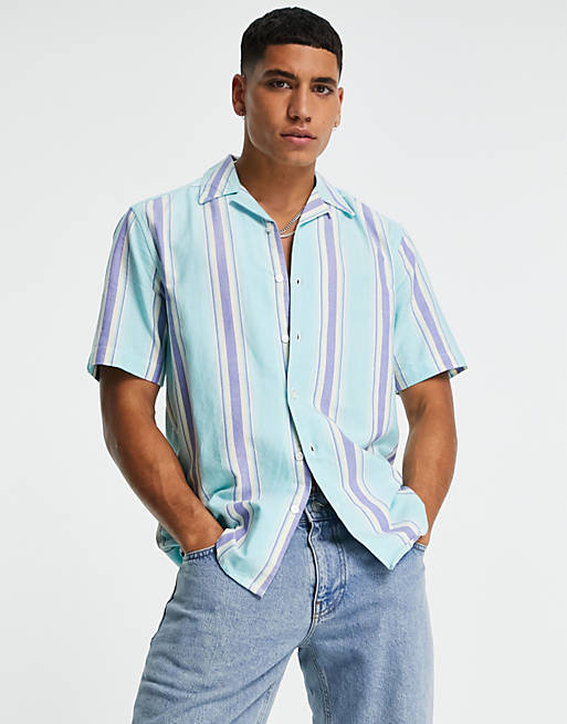 Only & Sons short sleeve shirt with revere collar in blue stripe