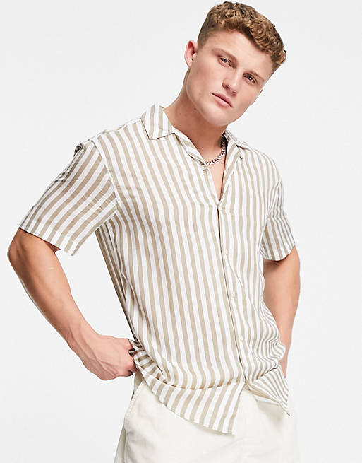 Only & Sons short sleeve stripe revere shirt in tan