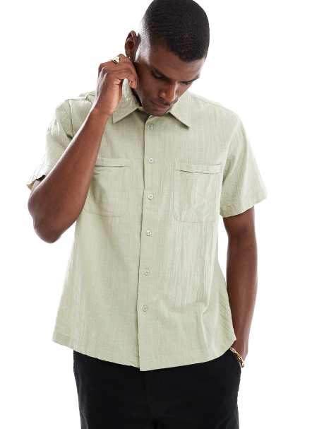 ONLY & SONS short sleeve textured resort collared shirt in sage - view 1