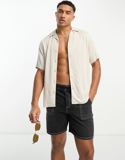 ONLY & SONS short sleeve viscose shirt with revere collar in beige | ASOS