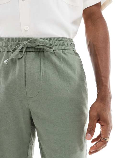ONLY & SONS – Shorts aus Leinenmix in dunklem Salbeigrün mit Kordelzugbund, 5 von 5