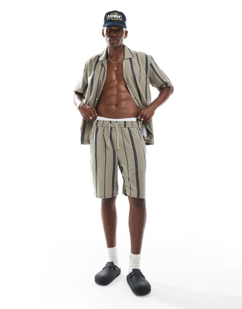 ONLY & SONS – Shorts im Leinenlook in Beige mit Streifen, Kombiteil - view 1