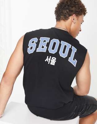 Only & Sons singlet with Seoul back print in black