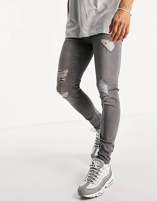 Only & Sons skinny fit jeans with rips in grey wash