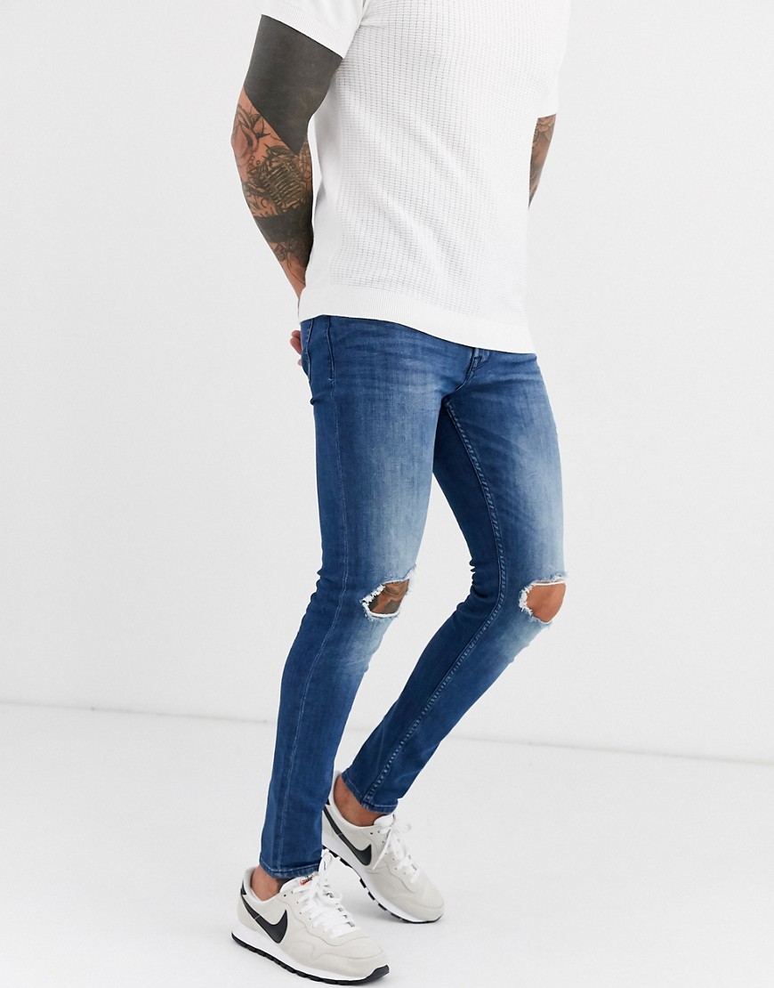 Only & Sons skinny fit knee rip jeans in vintage wash-Blue