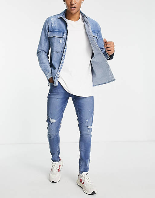 Only & Sons skinny fit ripped jeans in mid blue