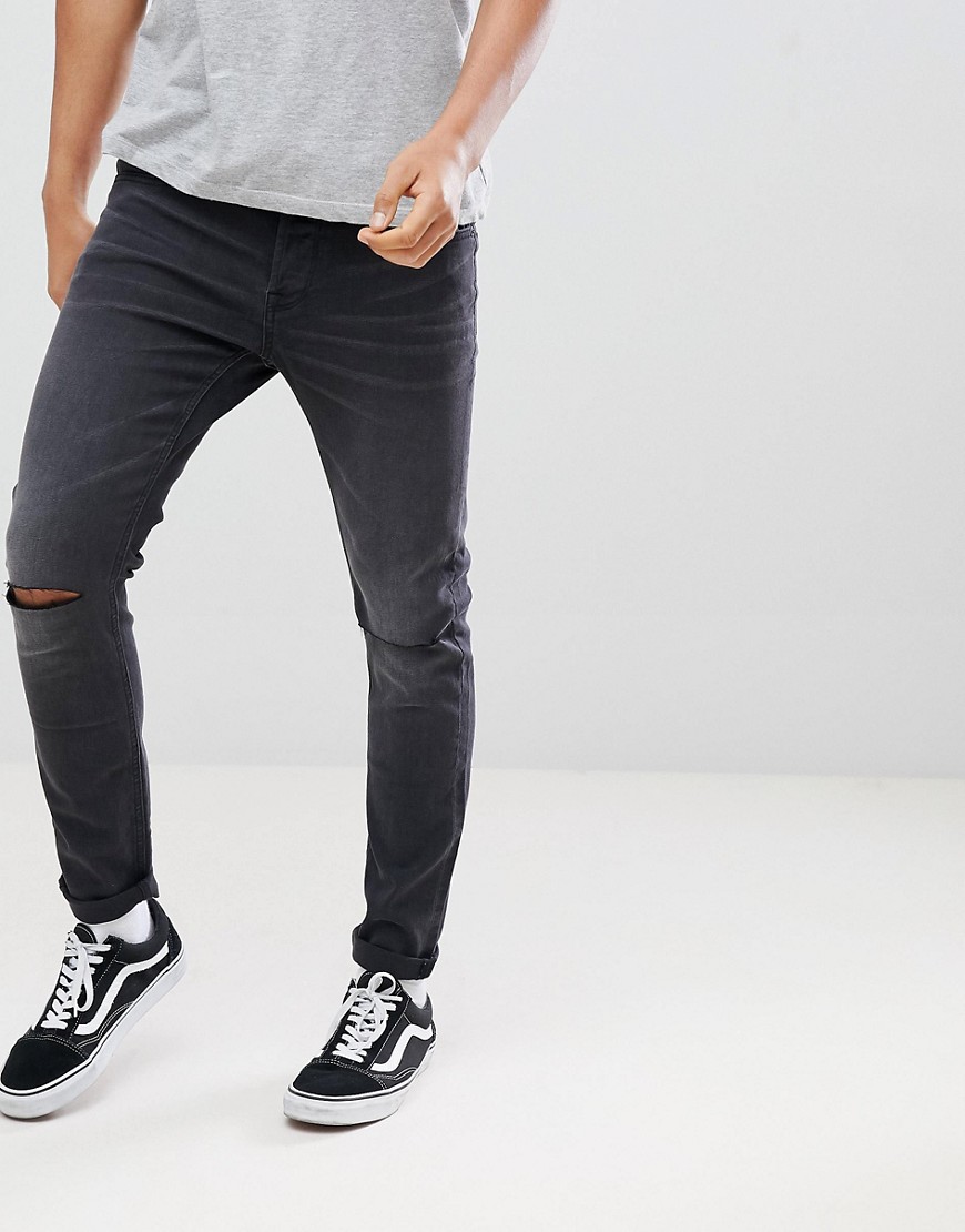 Only & Sons - skinny-jeans i washed grey med huller på knæet-Grå