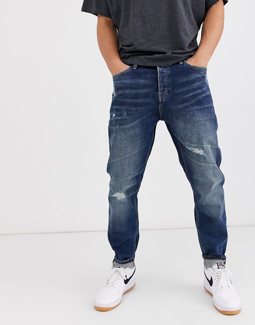 Only & Sons - slidte cropped jeans i blå mid wash