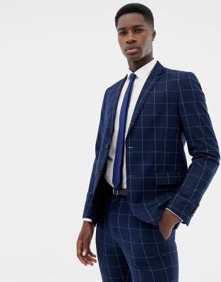 navy check suit jacket