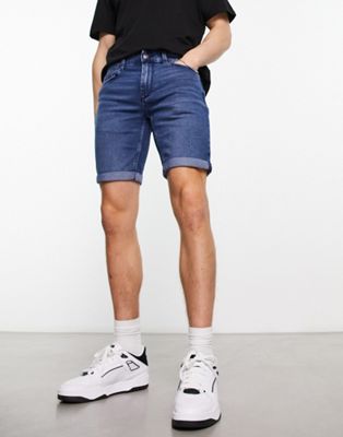 Only & Sons slim denim shorts in mid blue