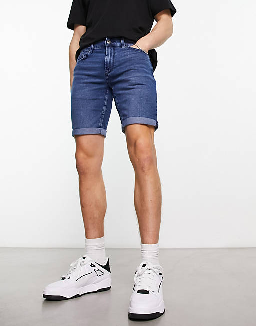 Only & Sons slim denim shorts in mid blue | ASOS