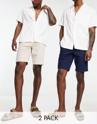 ONLY & SONS slim fit 2 pack chino shorts in navy & beige