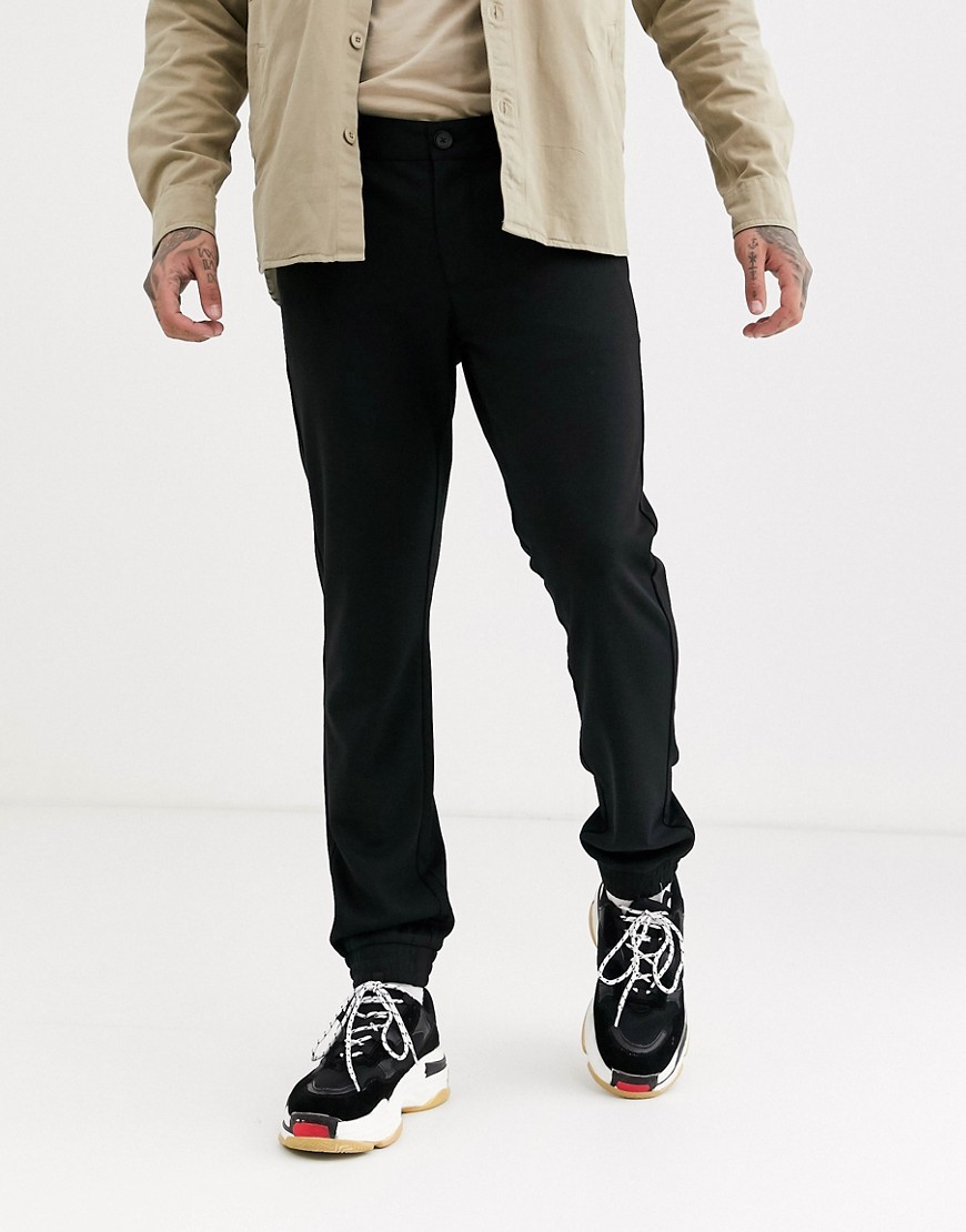 Only & Sons - Slim-fit broek met smaltoelopende pijpen met boord in zwart
