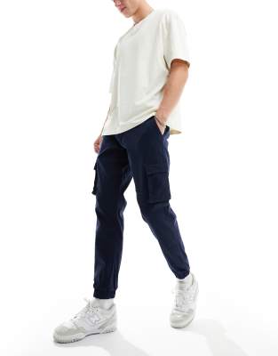 Only & Sons Tapered Fit Cargo Pants With Cuffed Bottoms In Navy-blue