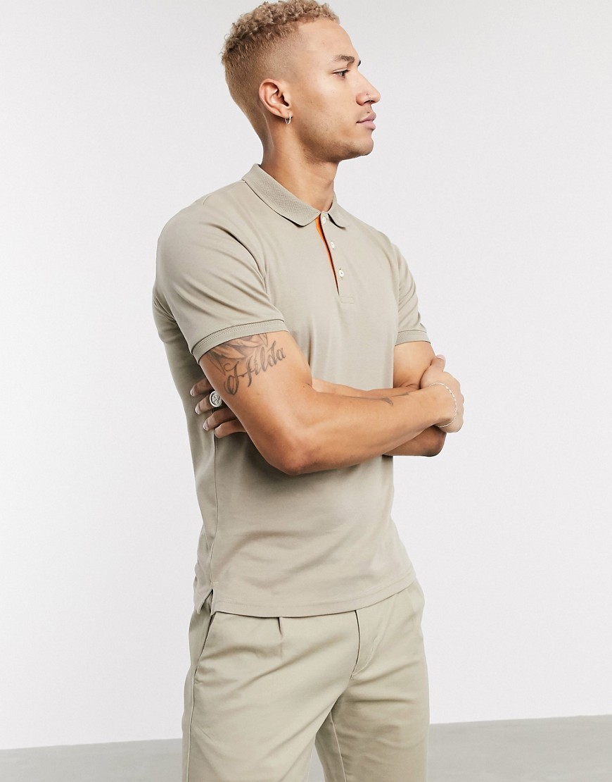 Only & Sons slim fit contrast placket polo in sand-Tan