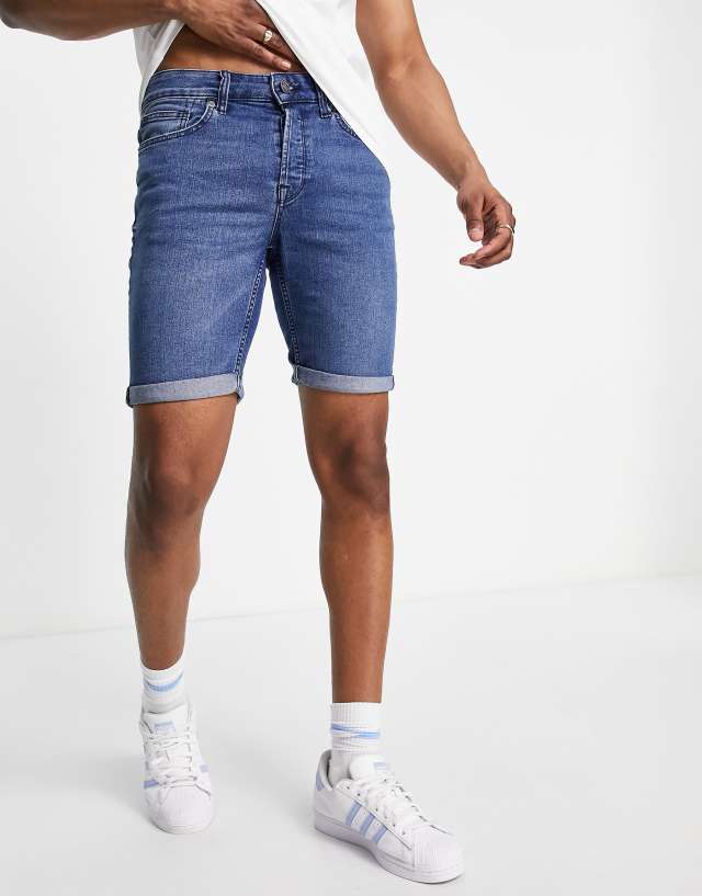 ONLY & SONS - slim fit denim shorts in mid blue