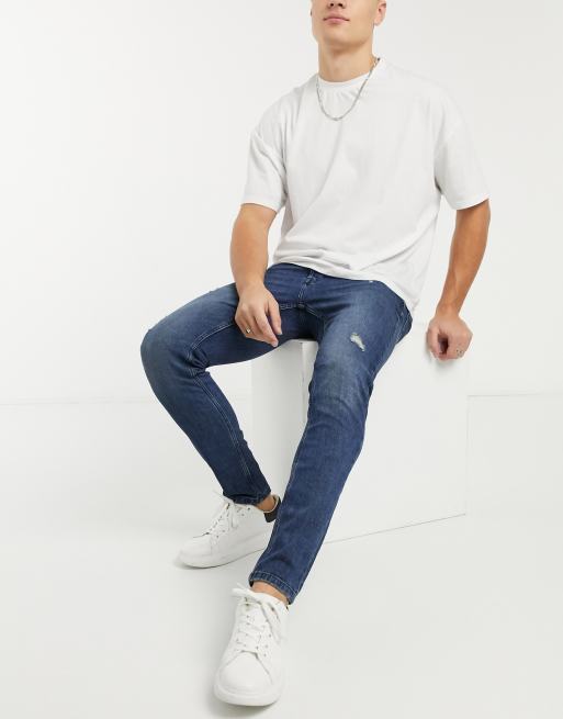Only & Sons - Slim-fit jeans met slijtageplekken in donkerblauw