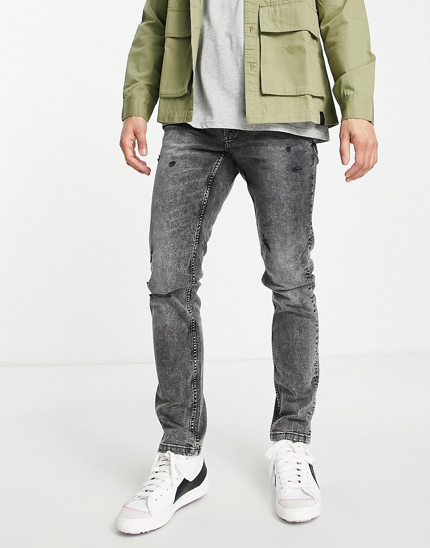 only & sons slim fit jeans with rips in grey