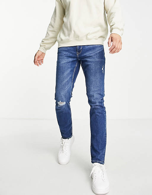 Only & Sons slim fit jeans with rips in mid blue