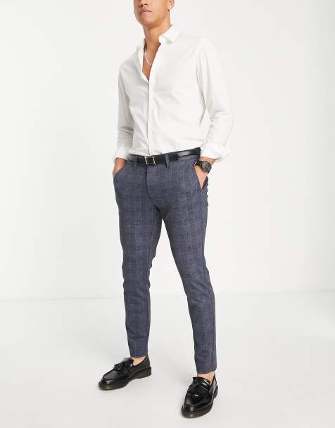ONLY & SONS slim fit jersey trousers in navy check - view 1