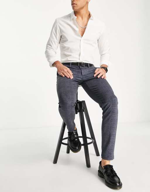 ONLY & SONS slim fit jersey trousers in navy check, 4 of 4