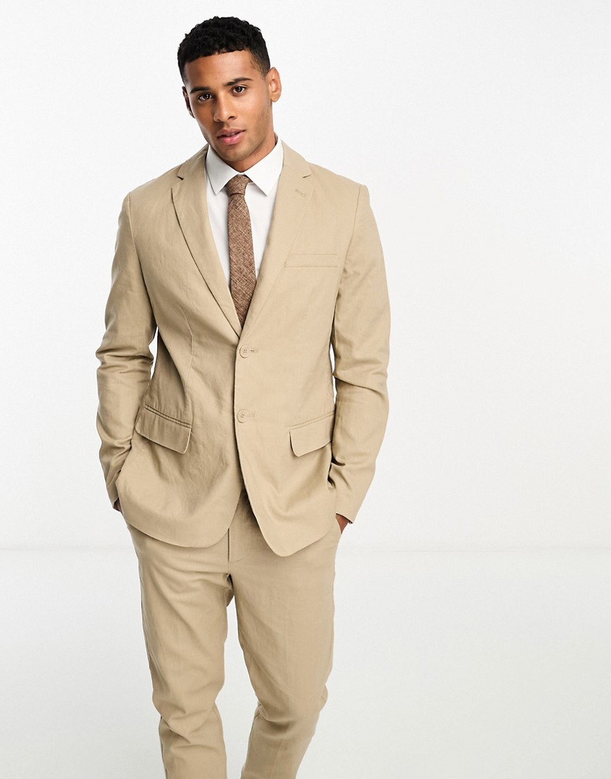 ONLY & SONS slim fit linen mix suit jacket in beige-Neutral