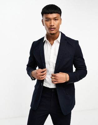 Only & Sons slim fit linen mix suit jacket in navy  - ASOS Price Checker
