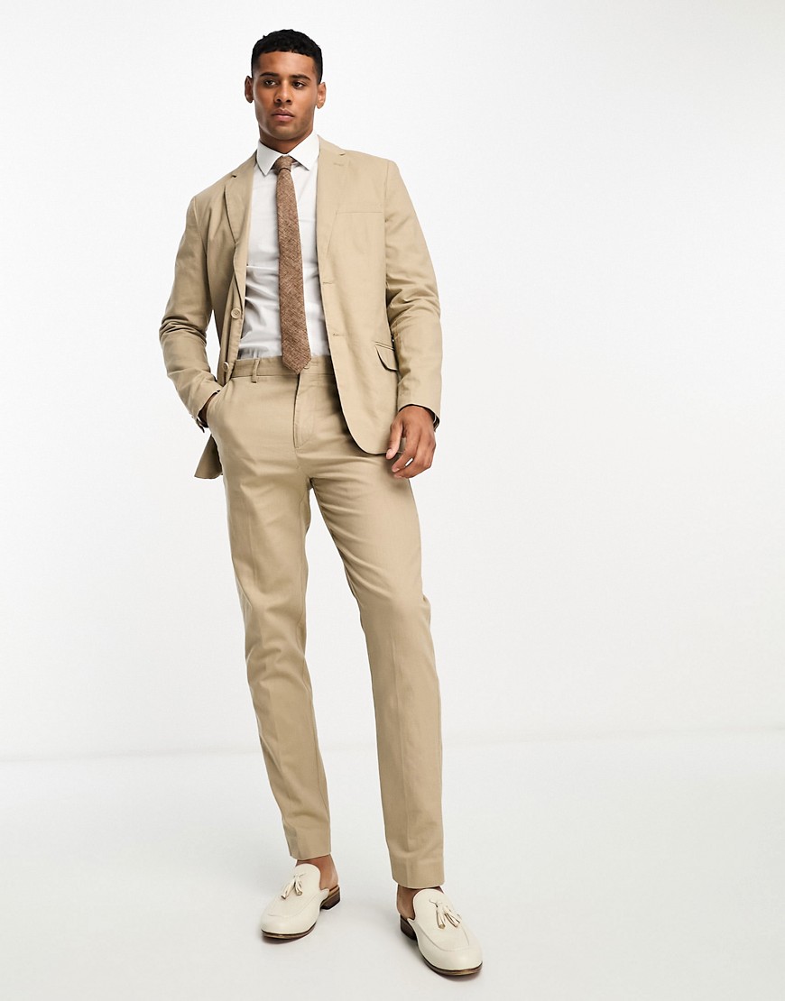 ONLY & SONS slim fit linen mix suit trousers in beige-Neutral