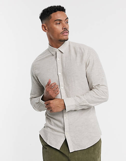 Only & Sons slim fit linen shirt in stone
