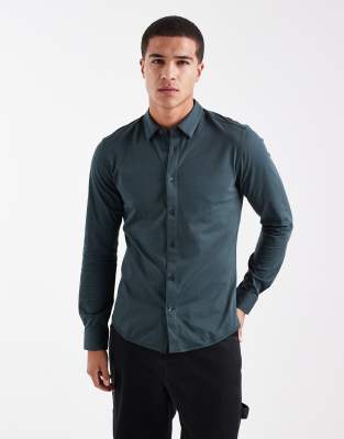 Only & Sons Slim Fit Long Sleeve Shirt With Stretch In Green