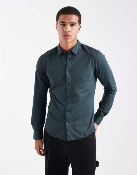 ONLY & SONS slim fit long sleeve shirt with stretch in dark green - view 1