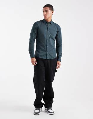 Only & Sons Slim Fit Long Sleeve Shirt With Stretch In Green