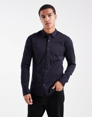 Only & Sons Slim Fit Long Sleeve Shirt With Stretch In Blue
