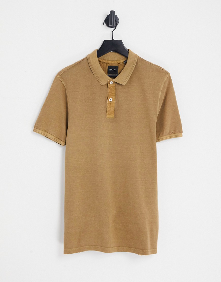 only & sons slim fit polo in washed beige-neutral