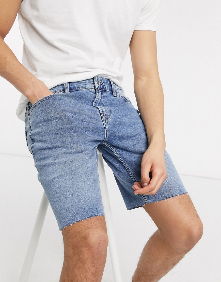 Only & Sons slim fit raw hem denim shorts in light blue