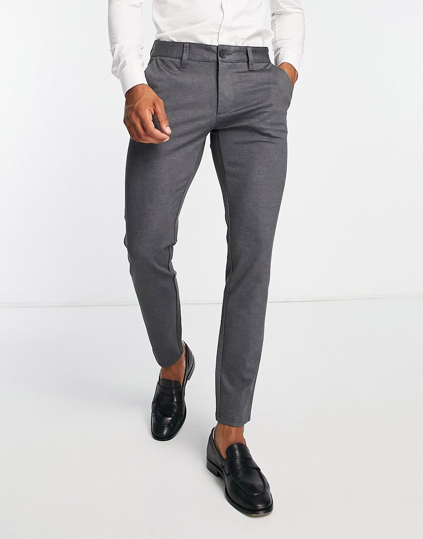Only & Sons slim fit smart herringbone jersey trousers in grey-Black