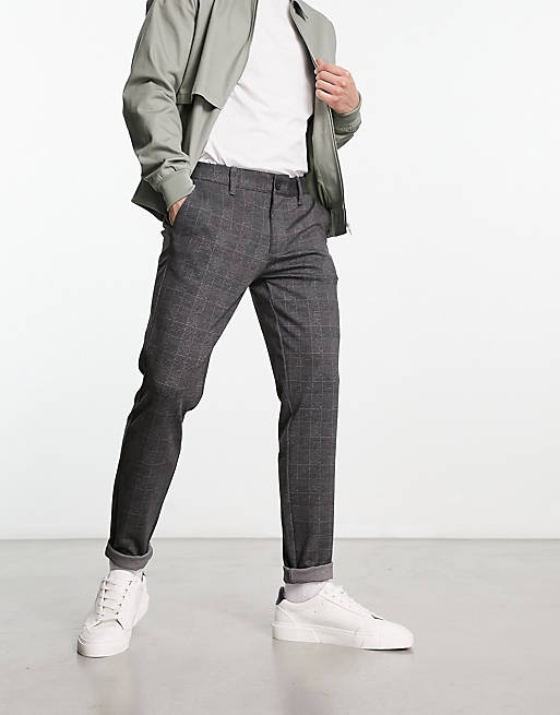 Only & Sons slim fit smart jersey check pants in grey 