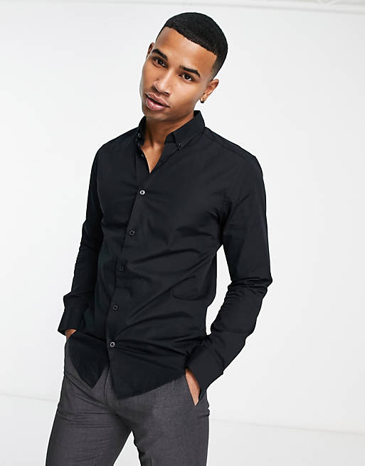 Only & Sons - Slim-fit stretch poplin overhemd in zwart