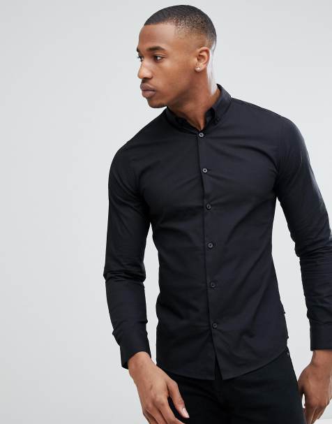 Only & Sons slim fit stretch poplin shirt in black - view 1