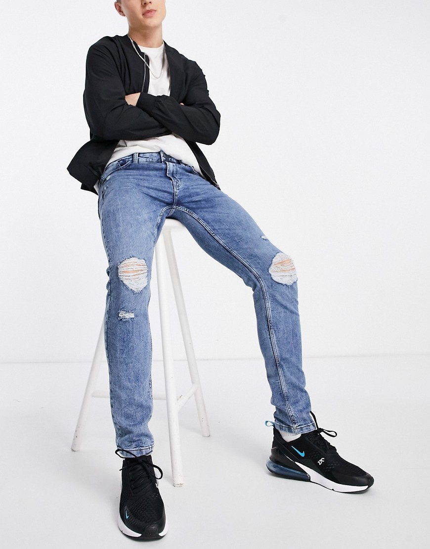 Only & Sons - Slim Fit sweat-jeans med stretch og flænser i blå