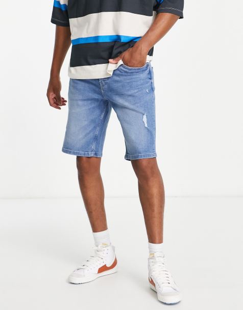 Only & Sons slim fit tapered denim shorts with rips in light blue - view 1