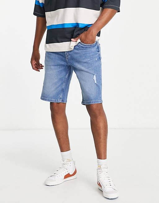 Only & Sons slim fit tapered denim shorts with rips in light blue