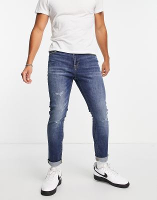 Only & Sons Slim Fit Tapered Ripped Jeans In Mid Blue ModeSens