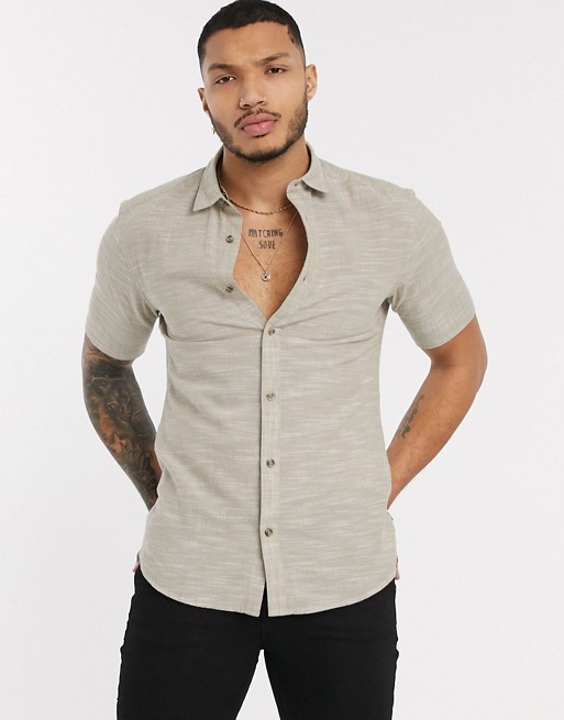 Only & Sons slim fit textured short sleeve shirt in sand