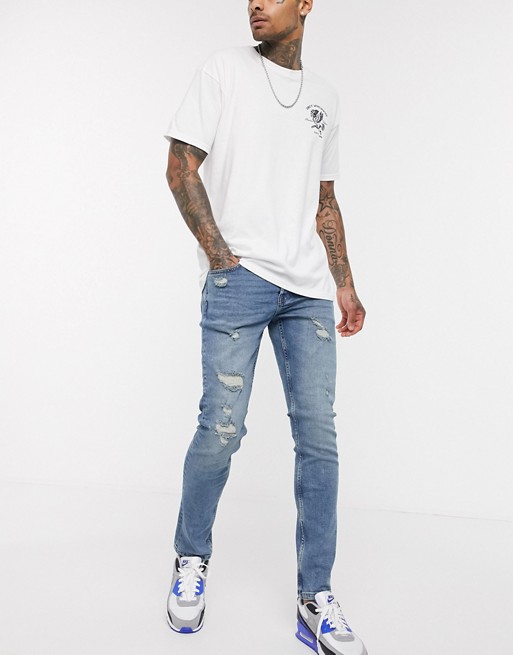 Only & Sons slim jeans with rips in mid blue