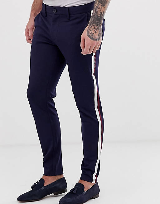 Only & Sons slim tapered fit side stripe trousers in navy | ASOS