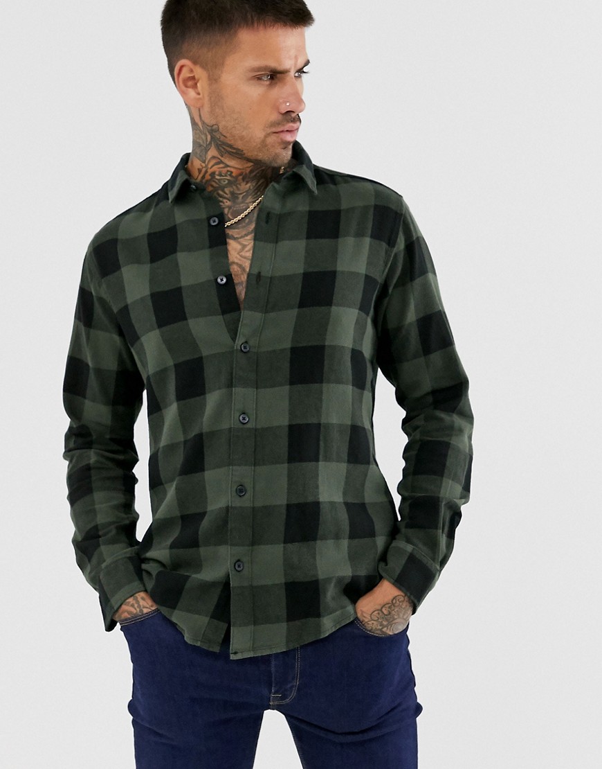 Only & Sons - Smal overhemd van geborsteld geruit katoen in kaki-Groen